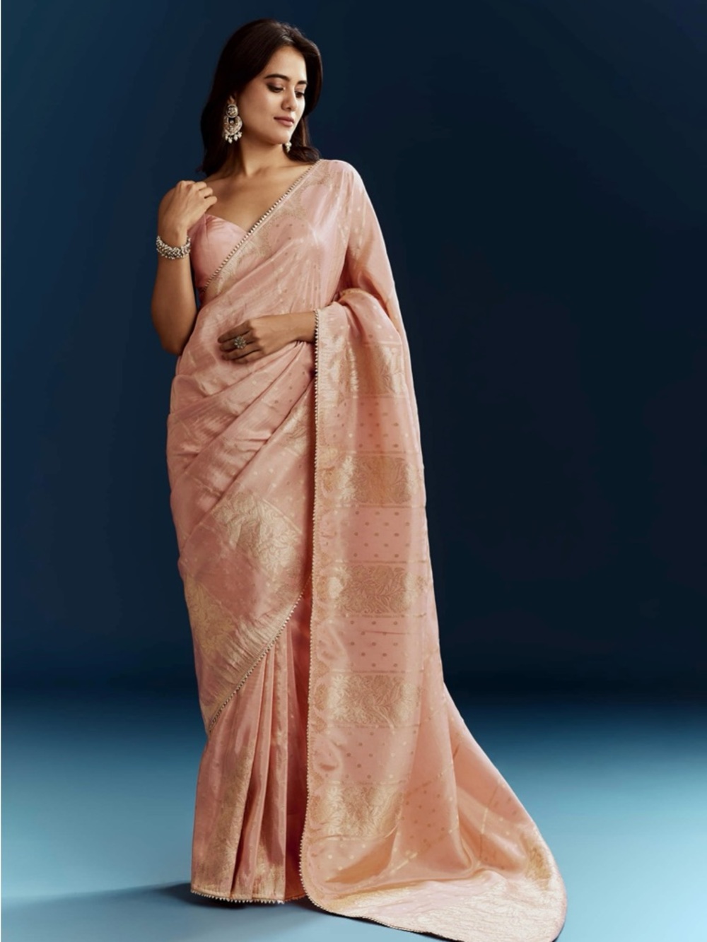 Elegant Blush Pink Saree with Gold Accents
